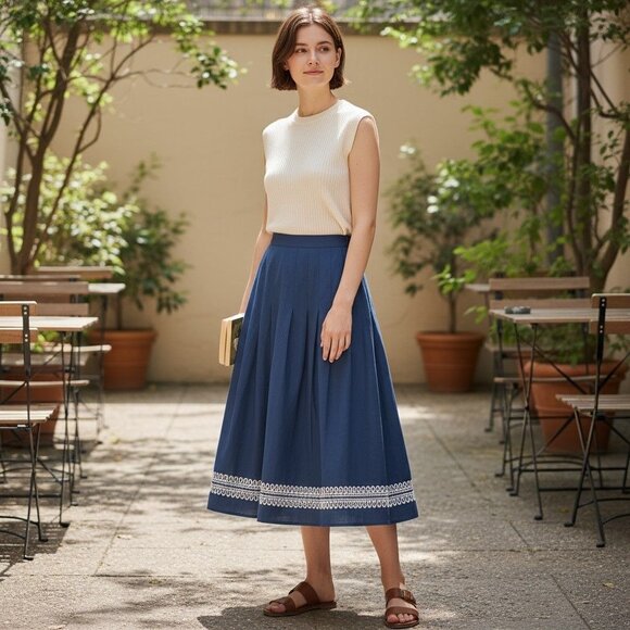 Sigrid Olsen Dresses & Skirts - Sigrid Olsen Blue Cotton Skirt With White Embroidered Trim Size 6